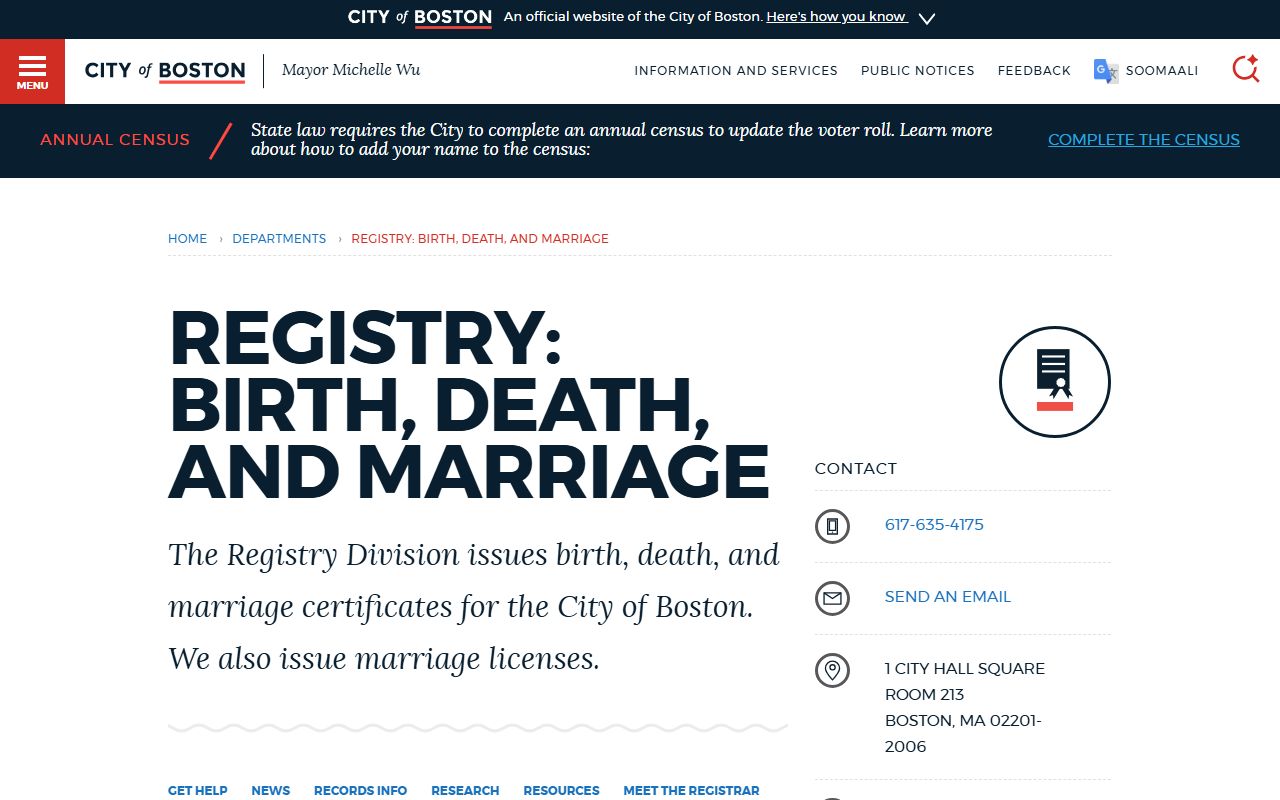 Boston Registry of Births Deaths and Marriages homepage - Boston birth records