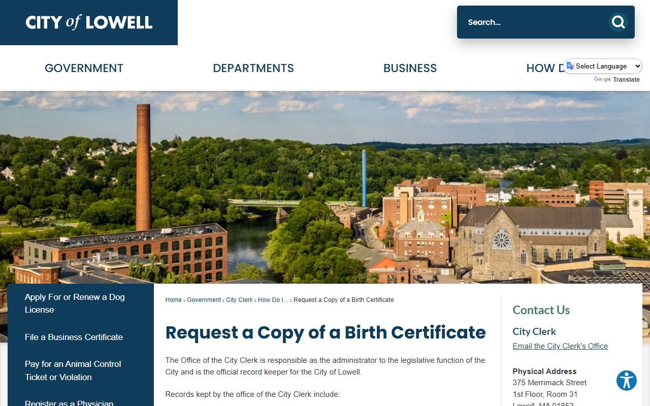 Lowell birth certificate request page - Lowell Massachusetts birth records