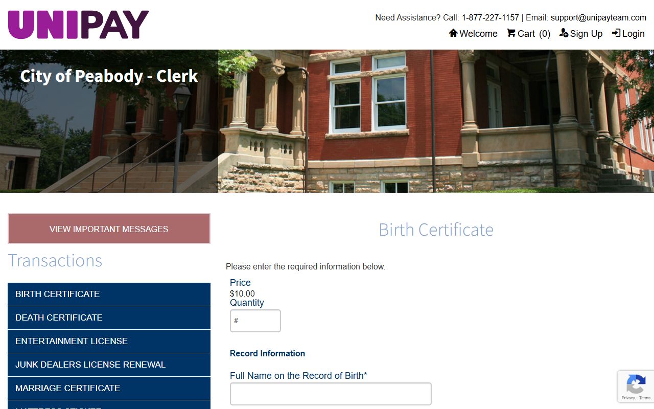 UniPay online ordering system for Lowell birth records Massachusetts
