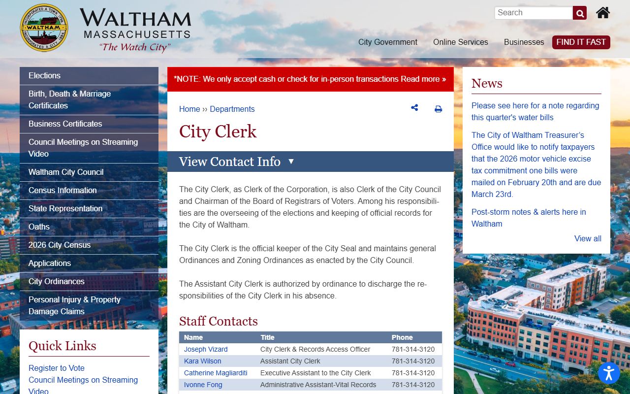 Waltham City Clerk vital records page - Waltham birth records Massachusetts