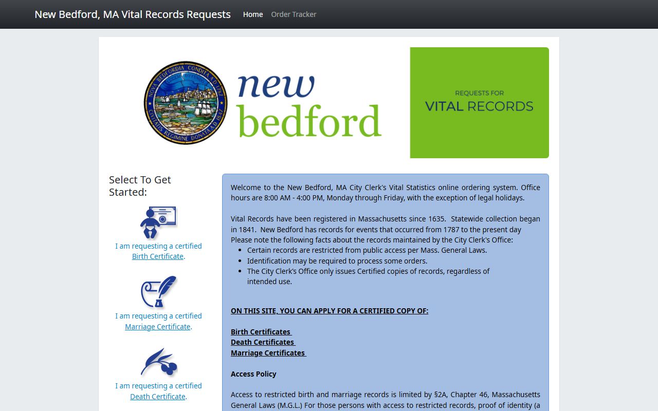 New Bedford online vital records ordering system - Bristol County birth certificates