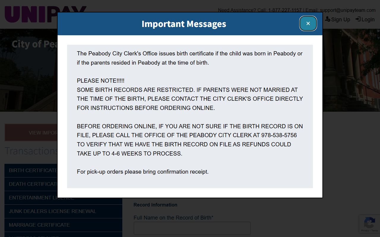 Peabody UniPay online ordering - Essex County birth records