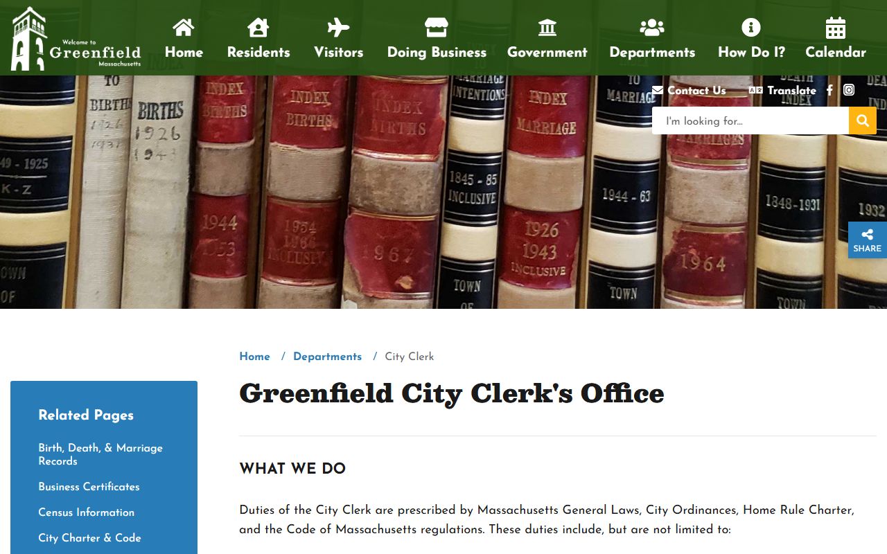 Greenfield City Clerk - Franklin County birth records Massachusetts