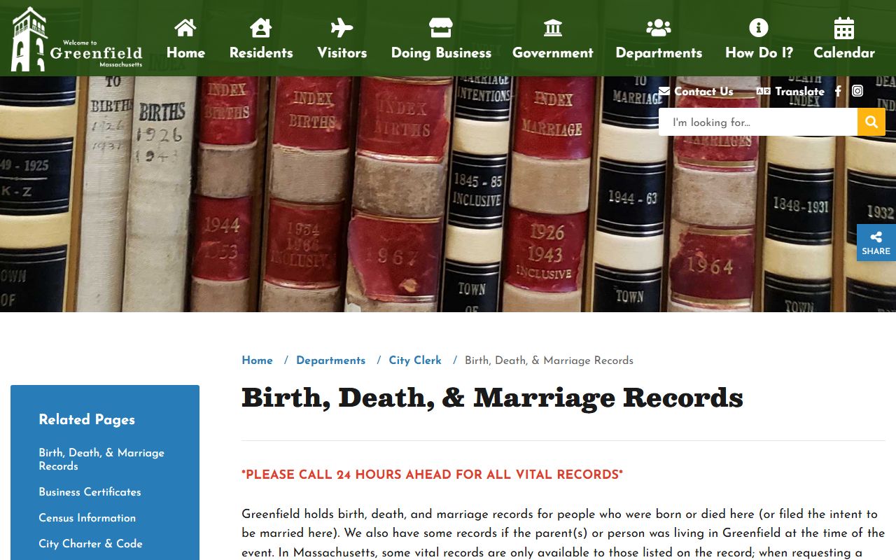 Greenfield birth death marriage records page - Franklin County Massachusetts
