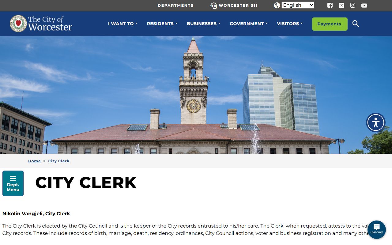 Worcester City Clerk vital records page - Worcester County birth records Massachusetts