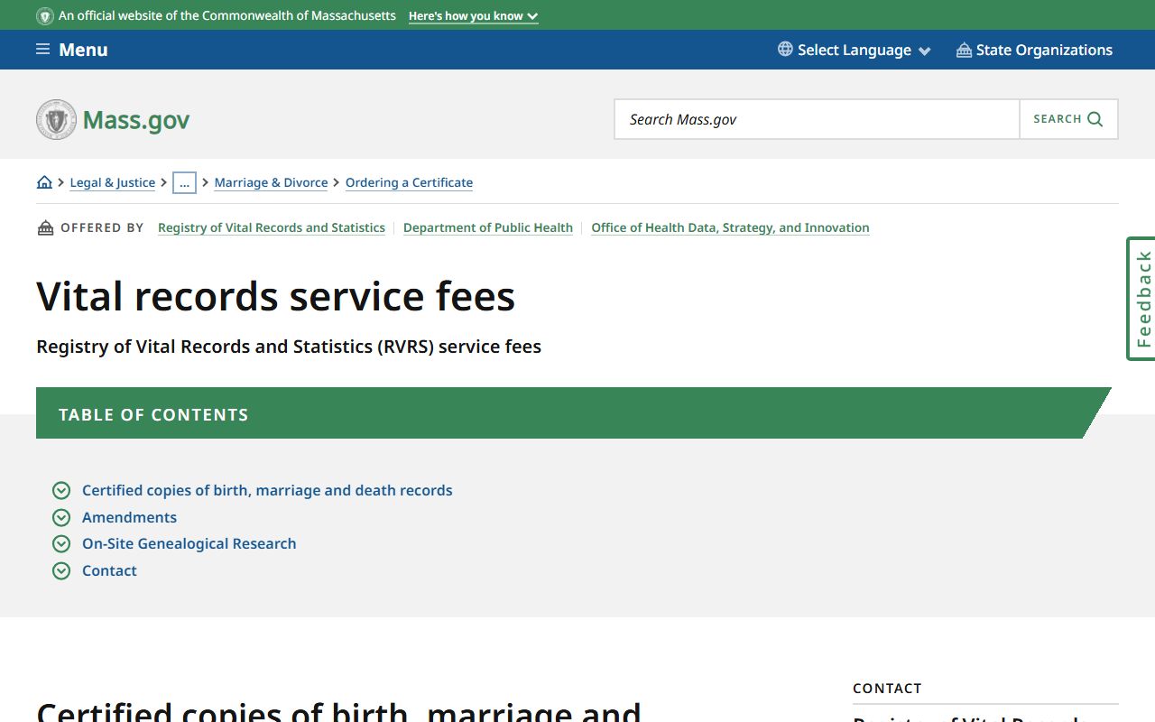 Massachusetts vital records fee schedule for birth certificates