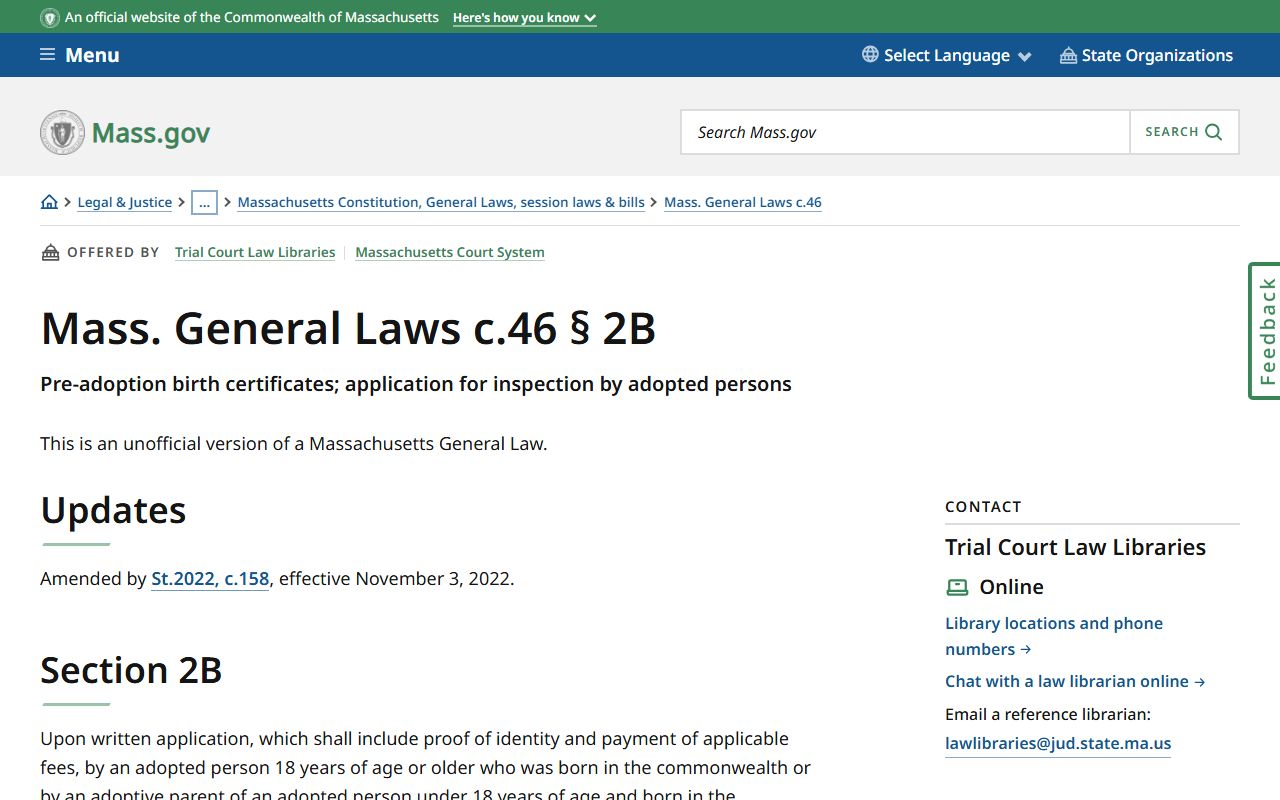Massachusetts pre-adoption birth records law MGL Chapter 46 Section 2B
