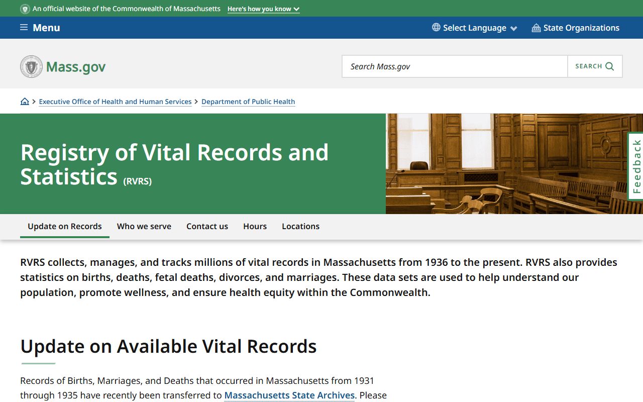 Massachusetts Registry of Vital Records and Statistics homepage