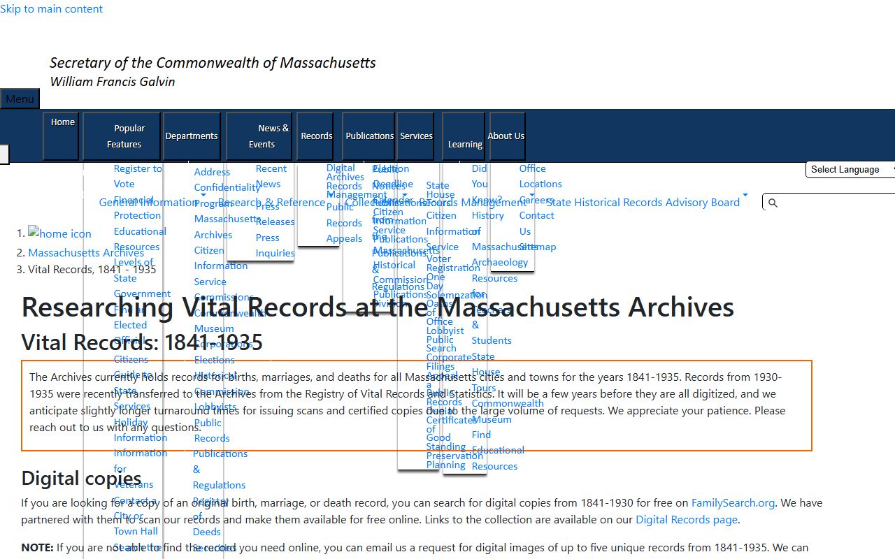Massachusetts State Archives vital records collection page