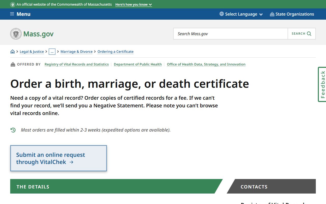 Massachusetts state ordering guide for birth certificates