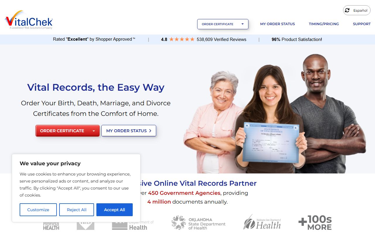 VitalChek ordering portal for Massachusetts birth records